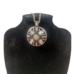 antique silver vintage style chain w crystal gem rhinestone circle pendant EUC